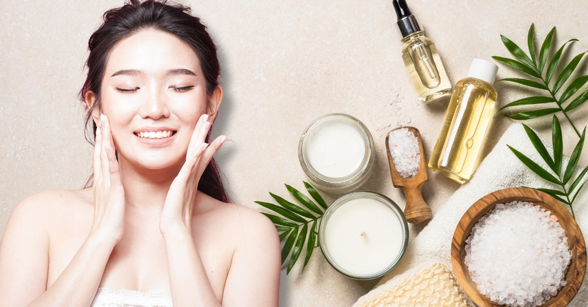 A beautiful Korean lady using her skincare products