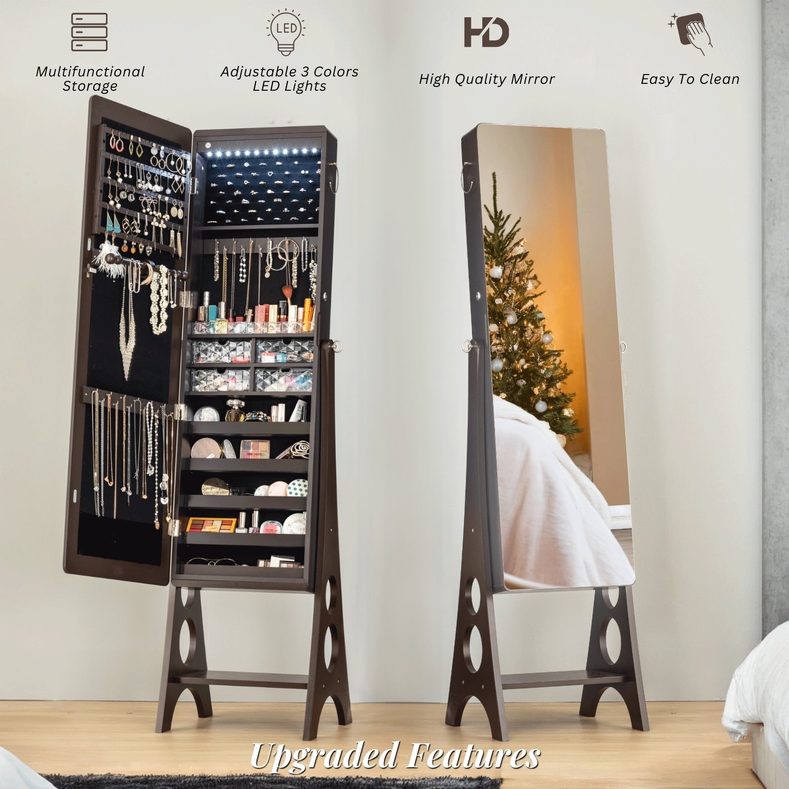 Frameless Jewelry Cabinet with LED Lights, Full-Length Mirror Jewelry Armoire, Adjustable Standing Organizer with Large Storage, White (Copy) Luxfurni