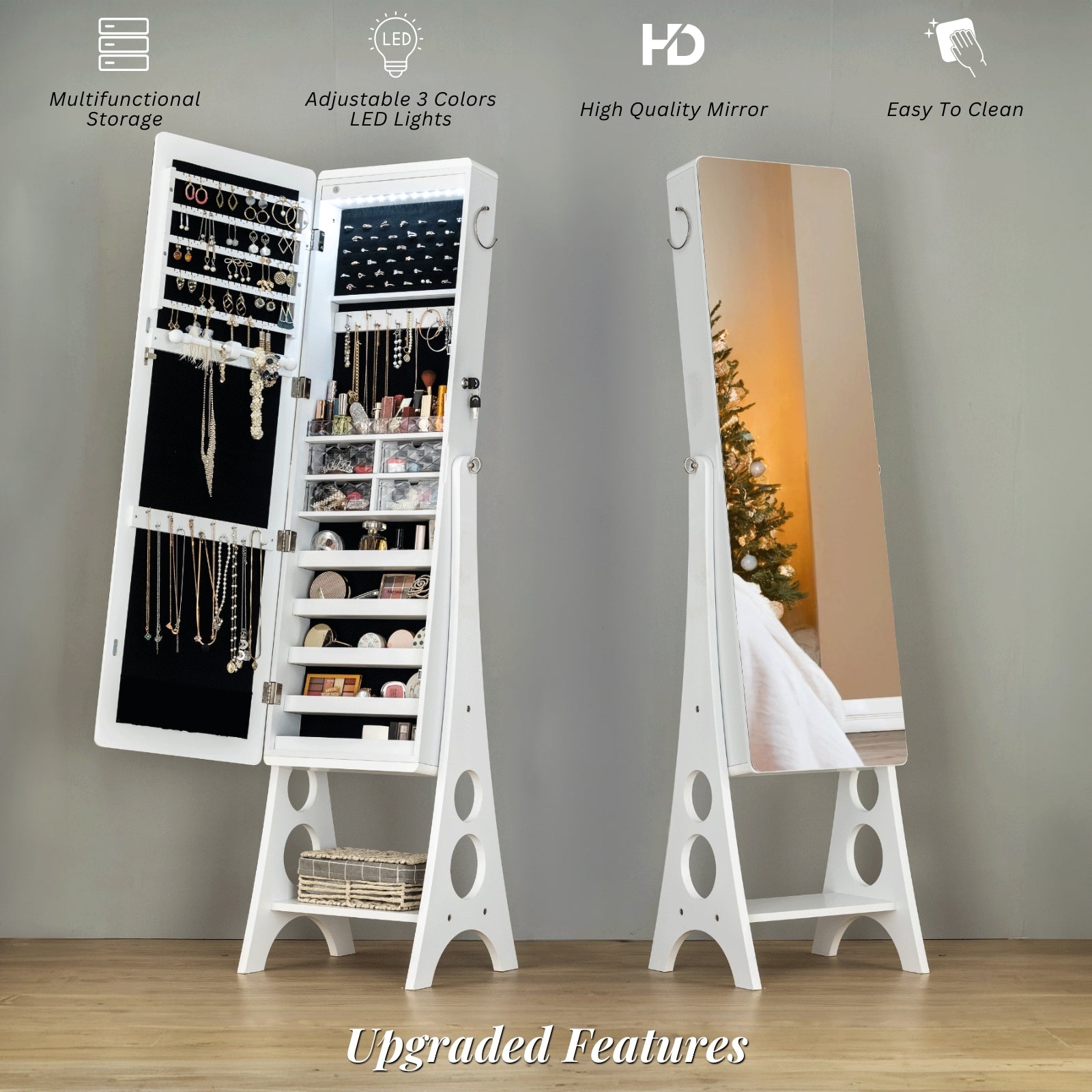 Frameless Jewelry Cabinet with LED Lights, Full-Length Mirror Jewelry Armoire, Adjustable Standing Organizer with Large Storage, White Luxfurni
