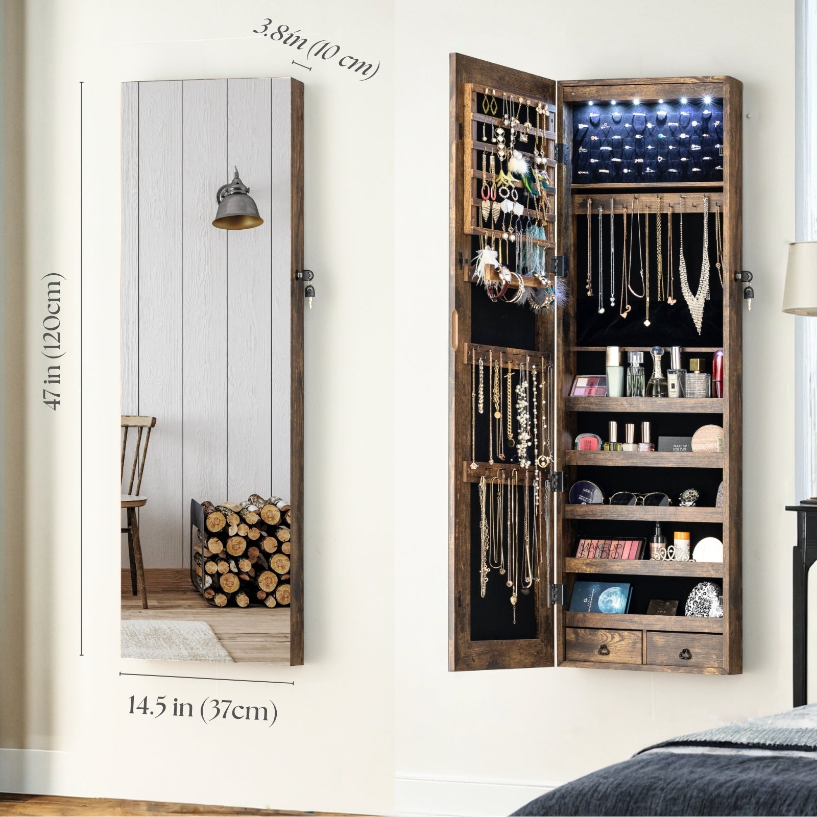 LEDs Mirror Jewelry Cabinet Tall Lockable Wall/Door