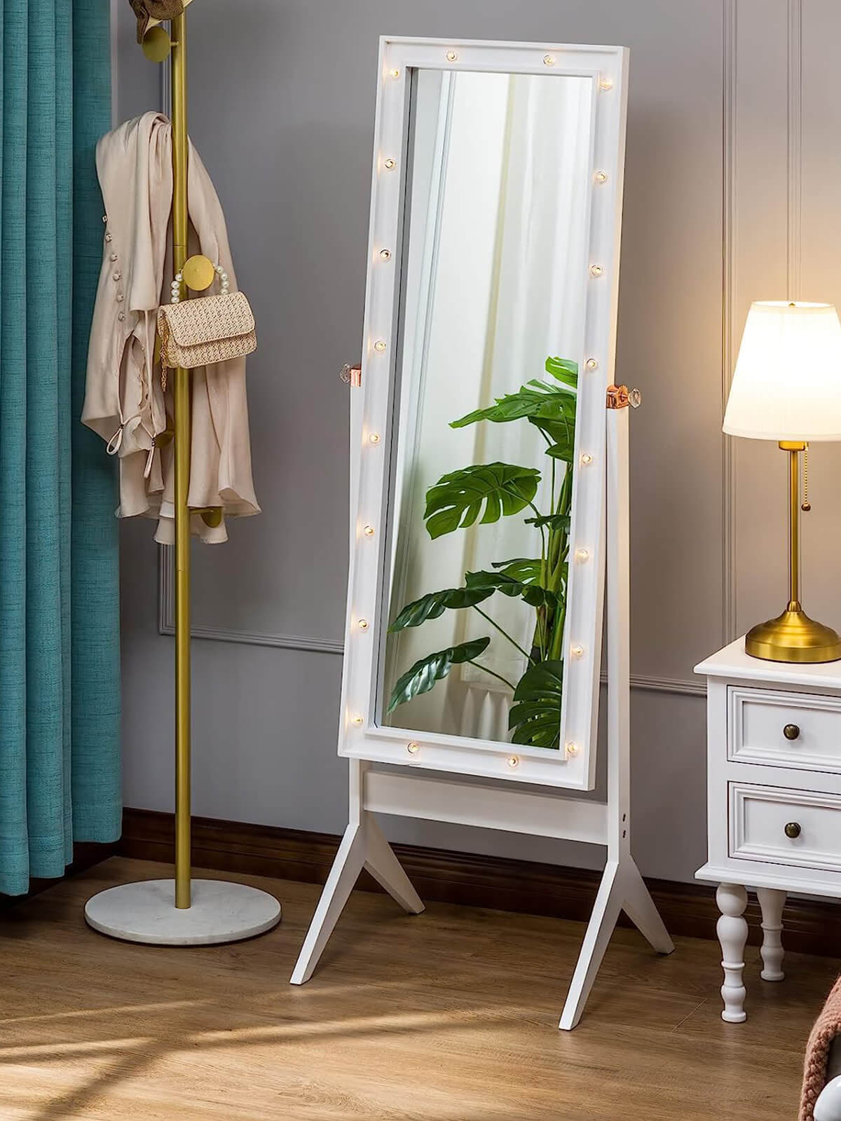 Luxfurni | Full-Length Mirror | Tall Cheval Free Standing Full-length Body Mirror with Lights for Bedroom White