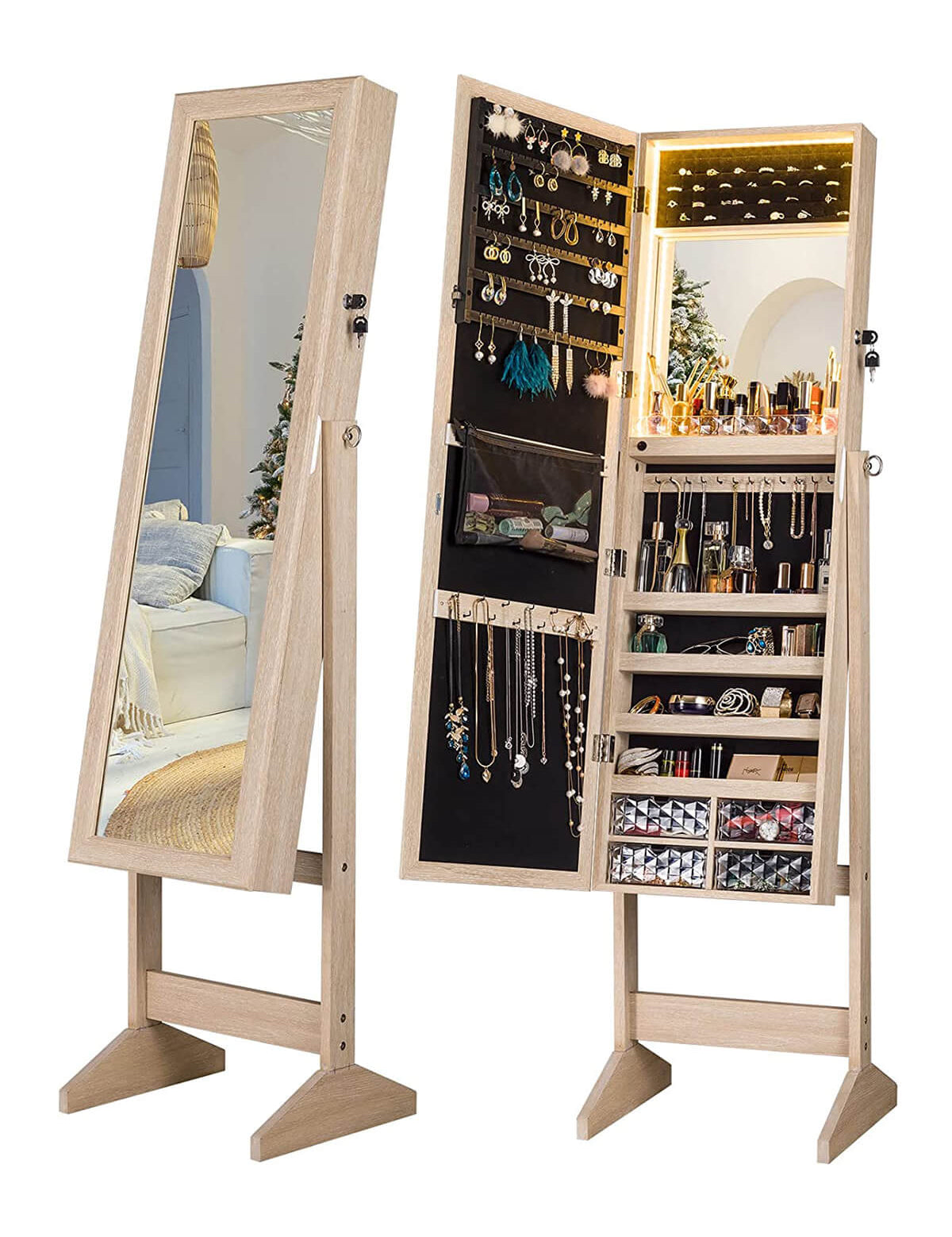 Luxfurni | Jewelry Armoire | Standing Stella 6 Jewelry Armoire Full Length Mirror With Built-in Lights - Natural