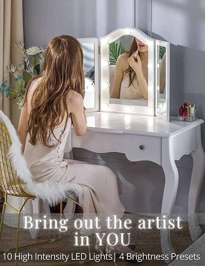 Luxfurni | Hollywood Mirror | Tri Fold LED Starry Hollywood Vanity Mirror - White