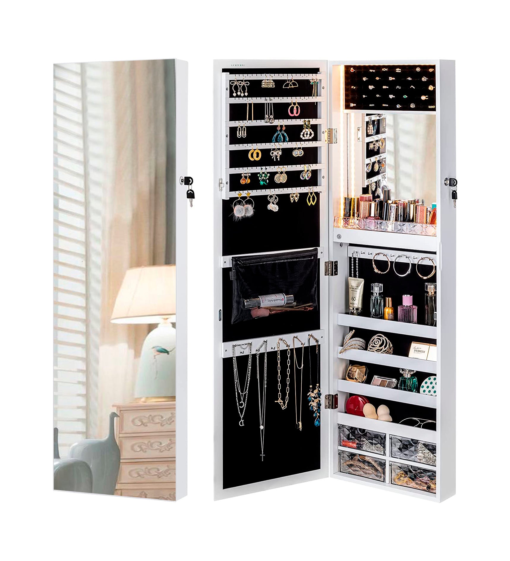 Luxfurni | Jewelry Armoire | Wall Mounted Stella 9 Jewelry Armoire with Built-in LED Light - White