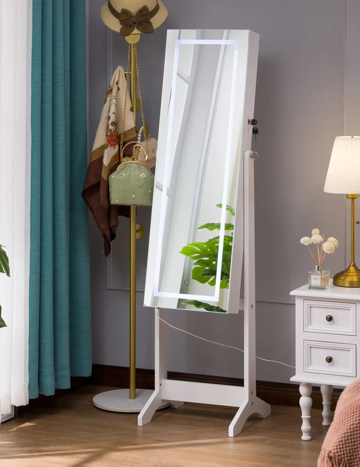 Luxfurni | Jewelry Armoire | Standing Joyce 6 Built-in LED Jewelry Armoire - White