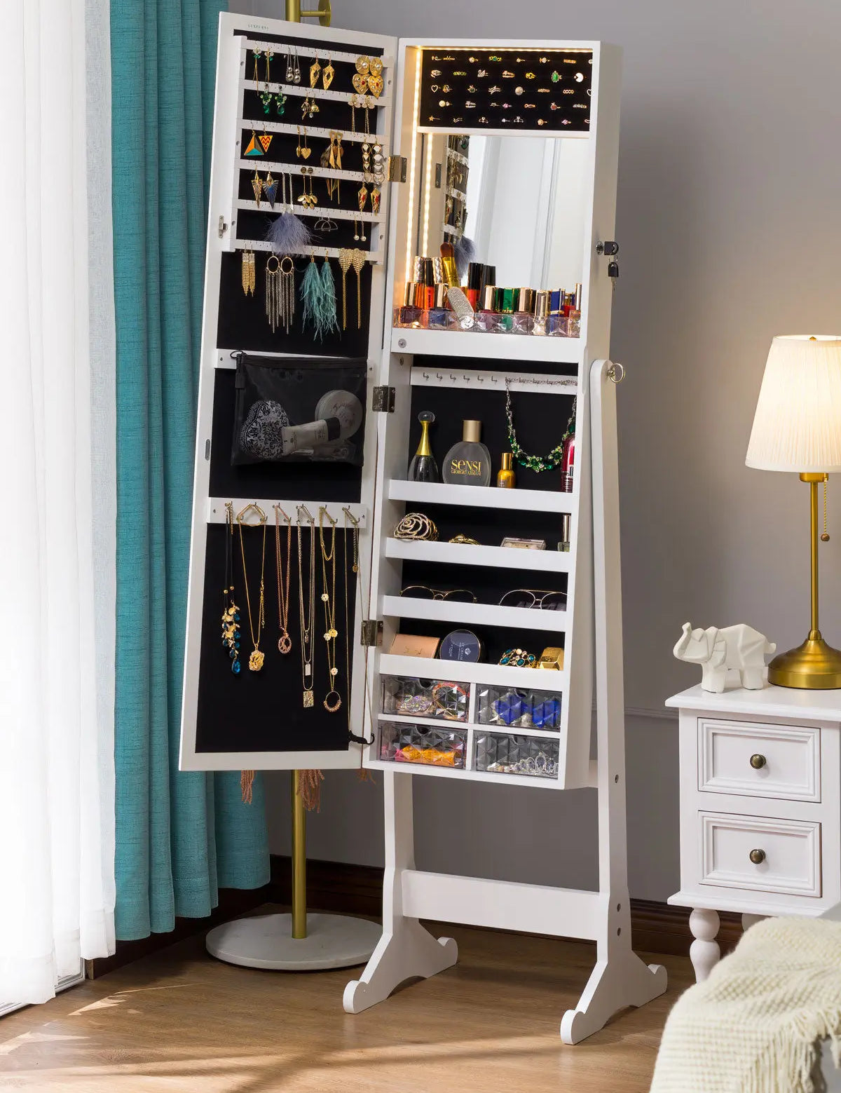 Luxfurni | Jewelry Armoire | Standing Stella 6 Jewelry Armoire Full Length Mirror With Built-in Lights - White