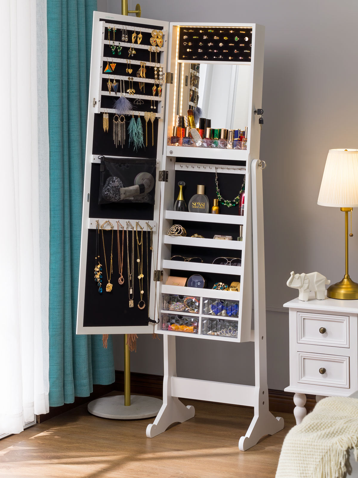 Luxfurni | Jewelry Armoire | Standing Stella 6s Jewelry Armoire Full Length Mirror With Built-in Lights - White