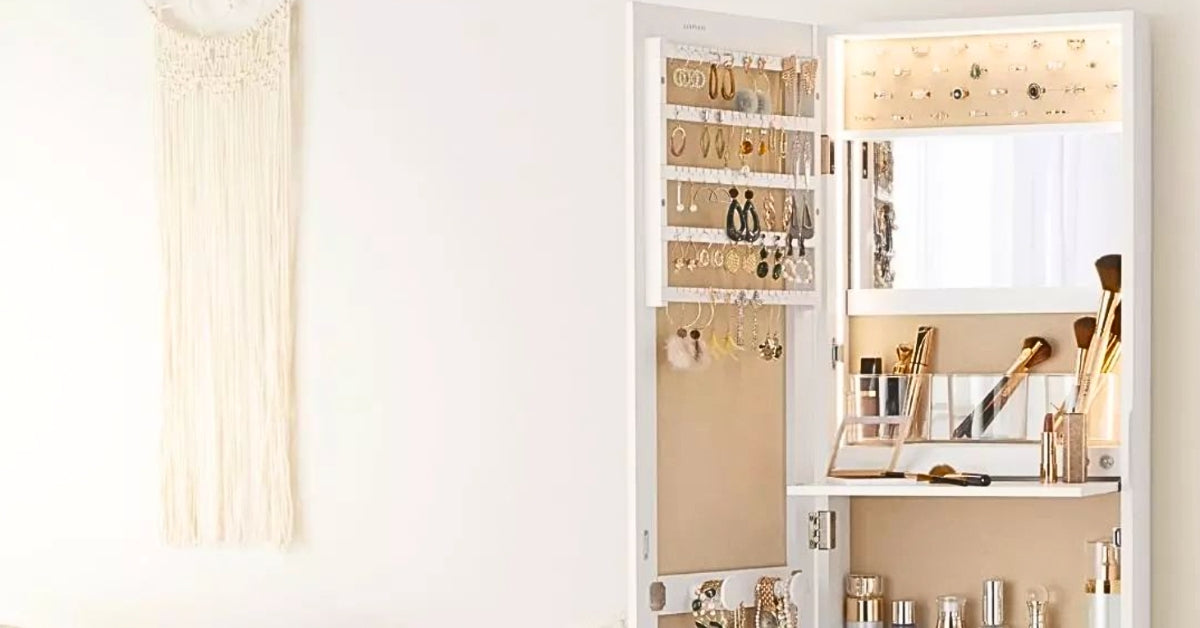 A LUXFURNI Hanging Jewelry Organizers in a compact room