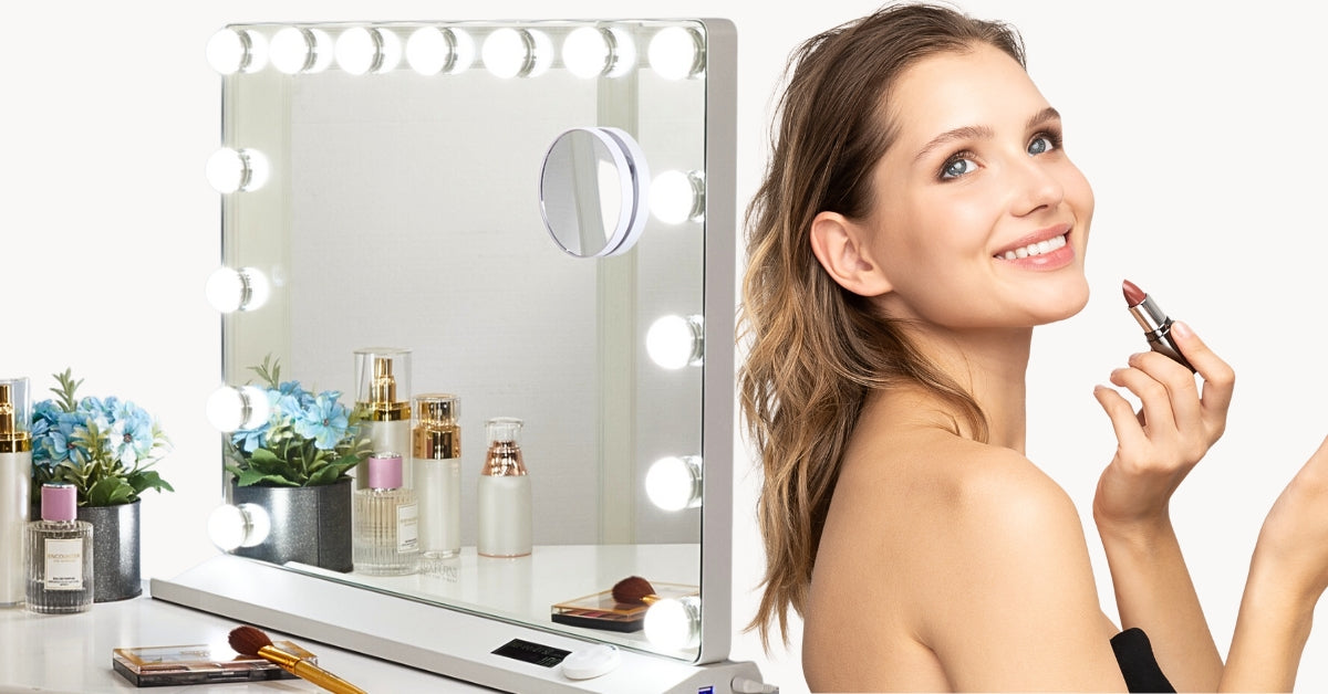 A woman who loves putting her makeup on a lighted makeup mirror