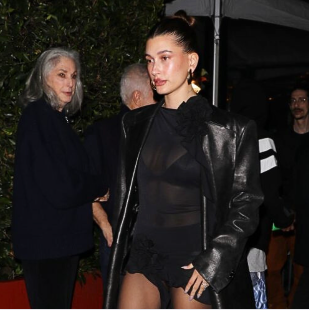 Hailey Bieber in short shier mesh dress with full makeup glam