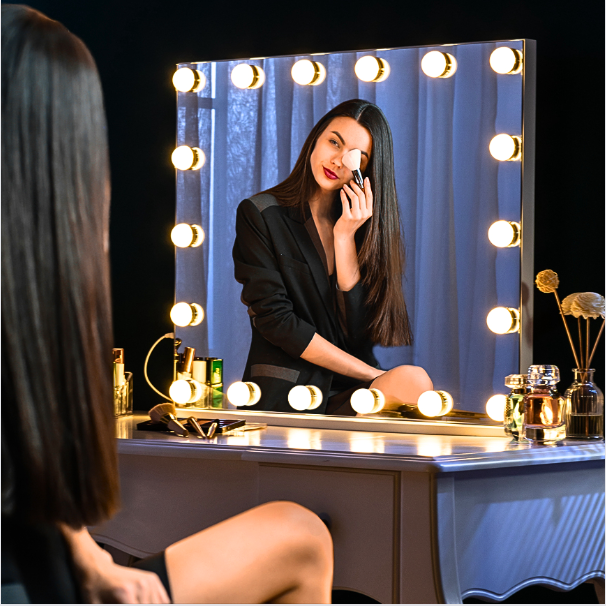 Woman’s modern vanity area with the LUXFURNI Lighted Hollywood Mirror with 18 LED lights