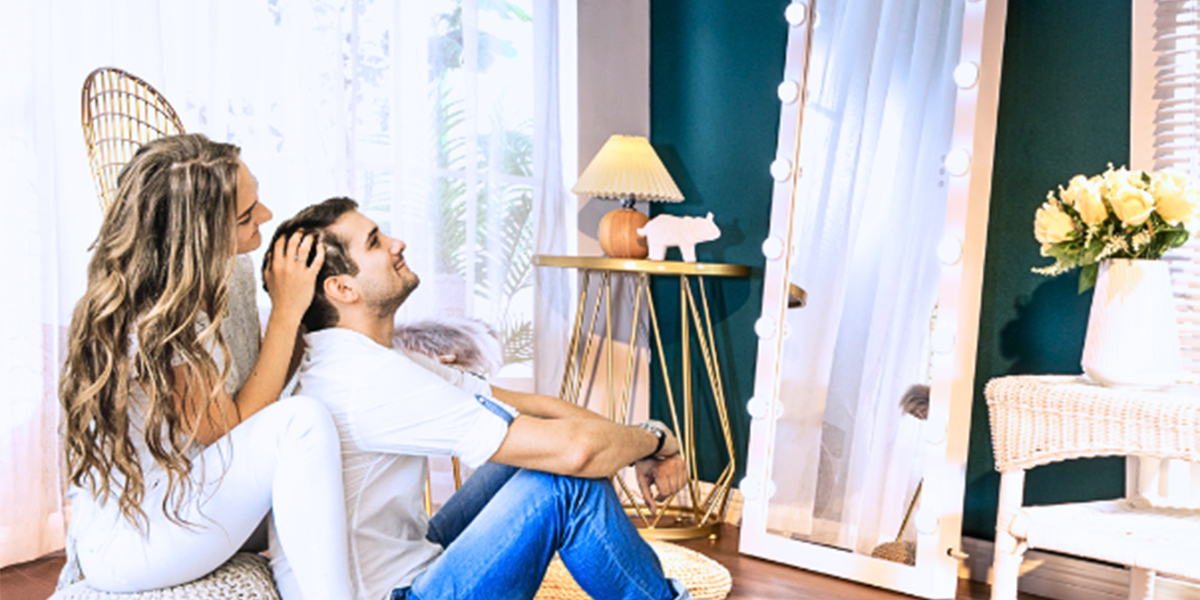 Man and Woman use LUXFURNI Full-length Mirrors in their bedroom