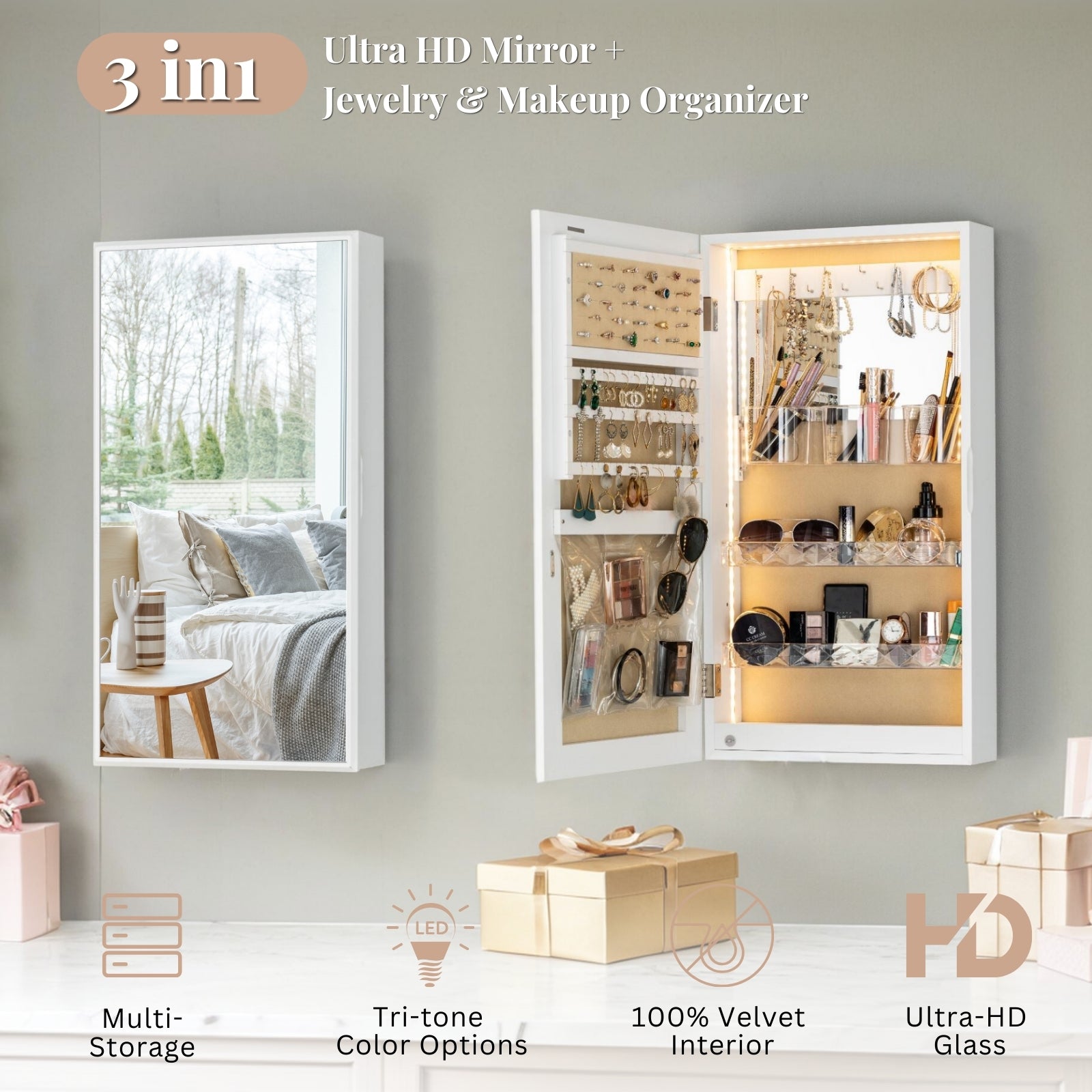 Makeup Organizer Hanging Jewelry Armoire With Mirror Wall Mounted