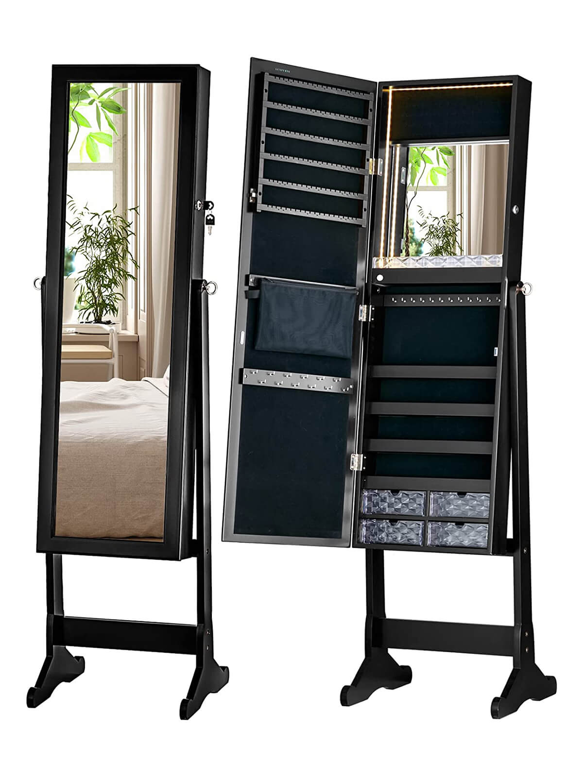 Luxfurni | Jewelry Armoire | Standing Stella 6s Jewelry Armoire Full Length Mirror With Built-in Lights - Black