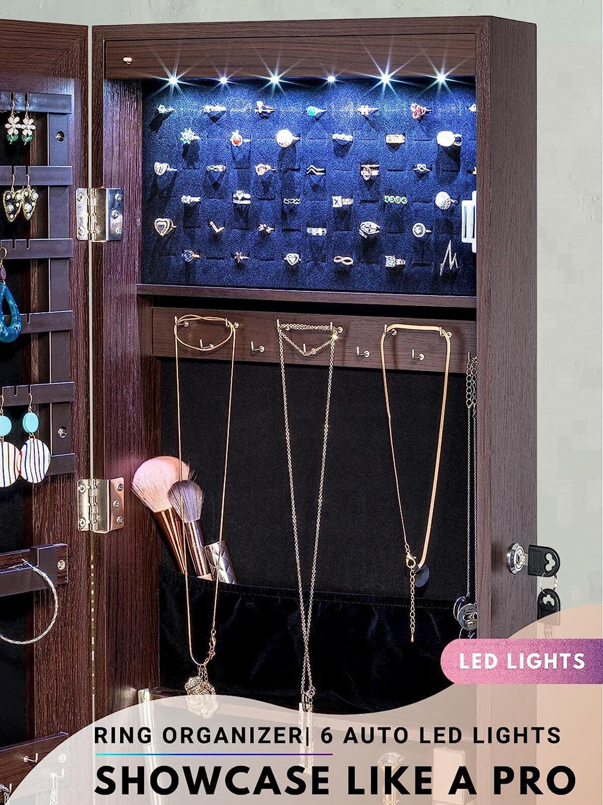 Luxfurni | Jewelry Armoire | Full Length Mirror Dahlia 1 Jewelry Armoire with Interior Led lights - Espresso