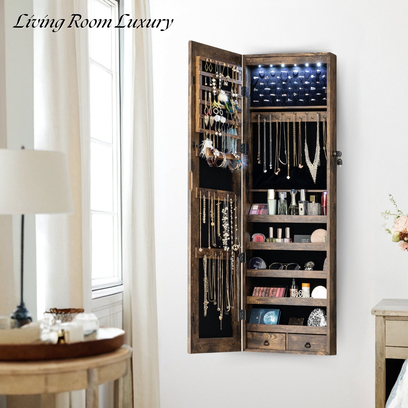 LEDs Mirror Jewelry Cabinet Tall Lockable Wall/Door