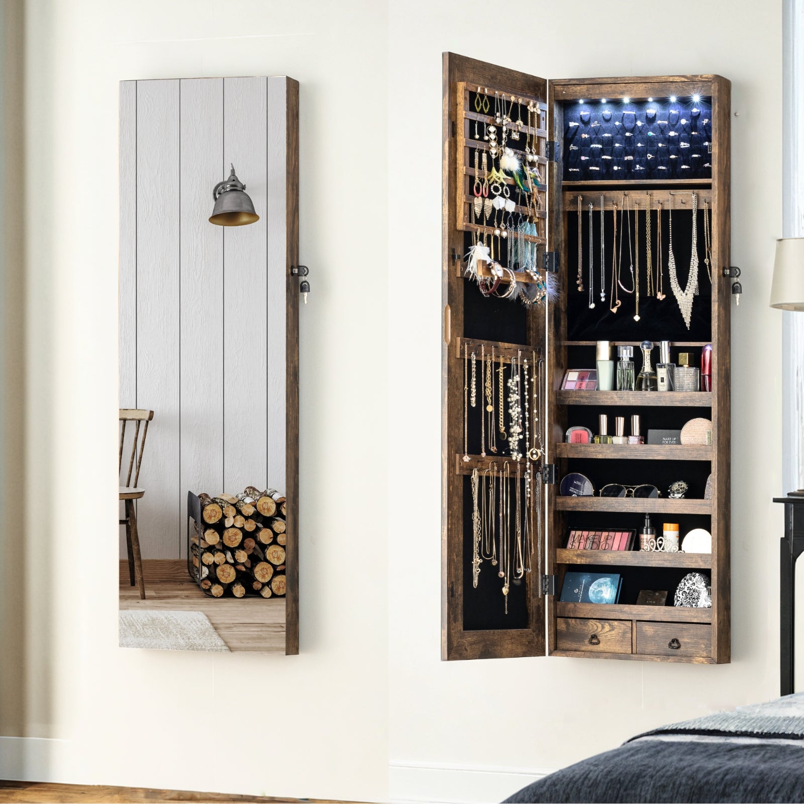 LEDs Mirror Jewelry Cabinet Tall Lockable Wall/Door Mounted Jewelry Armoire Makeup Perfume Holder Organizer with Mirror Makeup Perfume