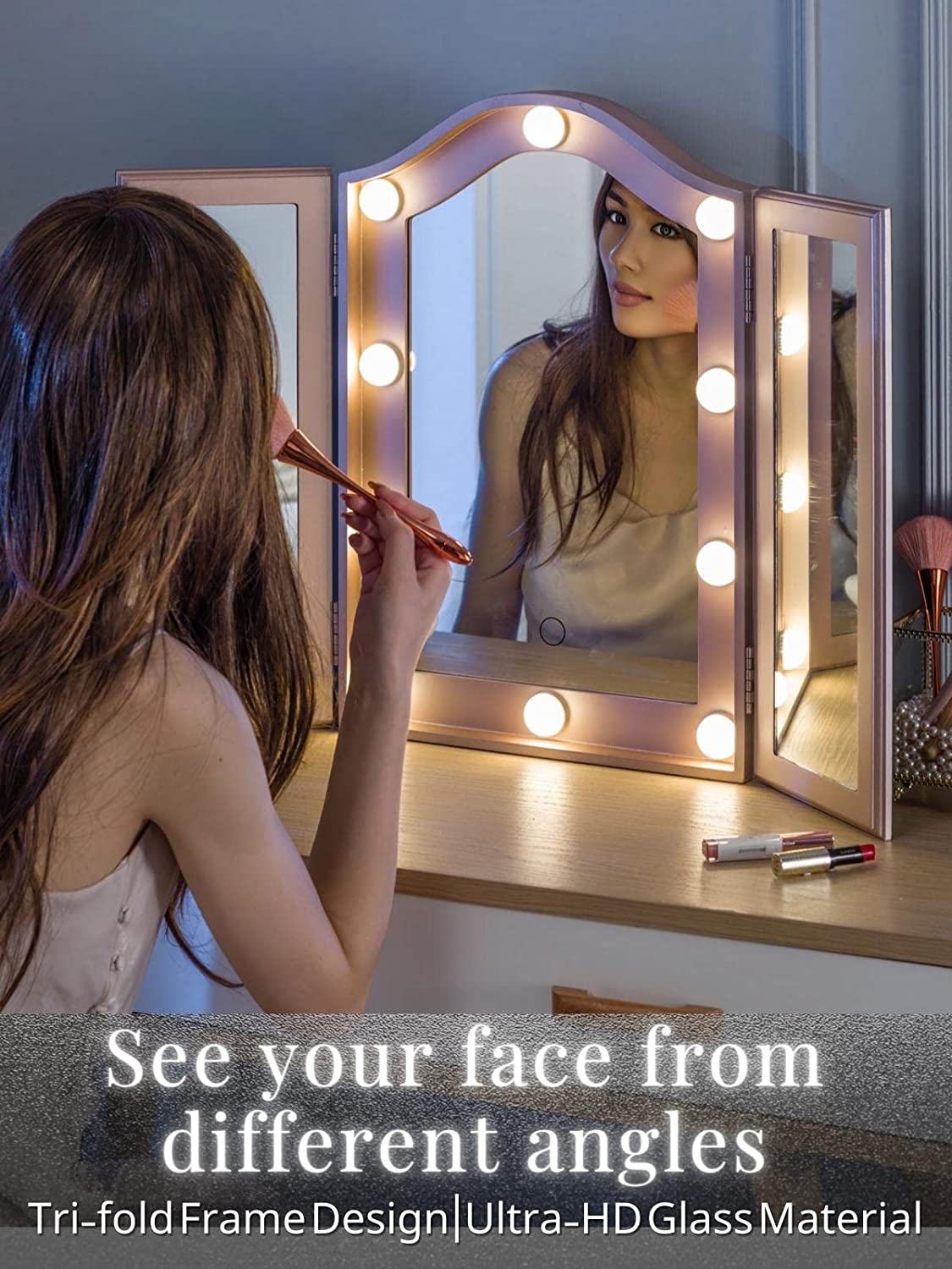 Luxfurni | Hollywood Mirror | Tri Fold LED Starry Hollywood Vanity Mirror - Rose Gold