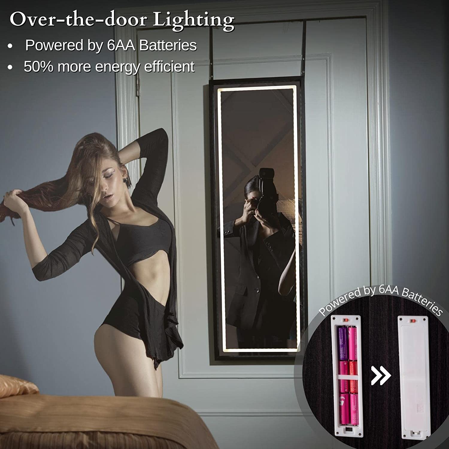 Luxfurni | Full-Length Mirror | LED Full-Length Mirror with Dimmable Lighting for Bedroom or Dressing Room Black