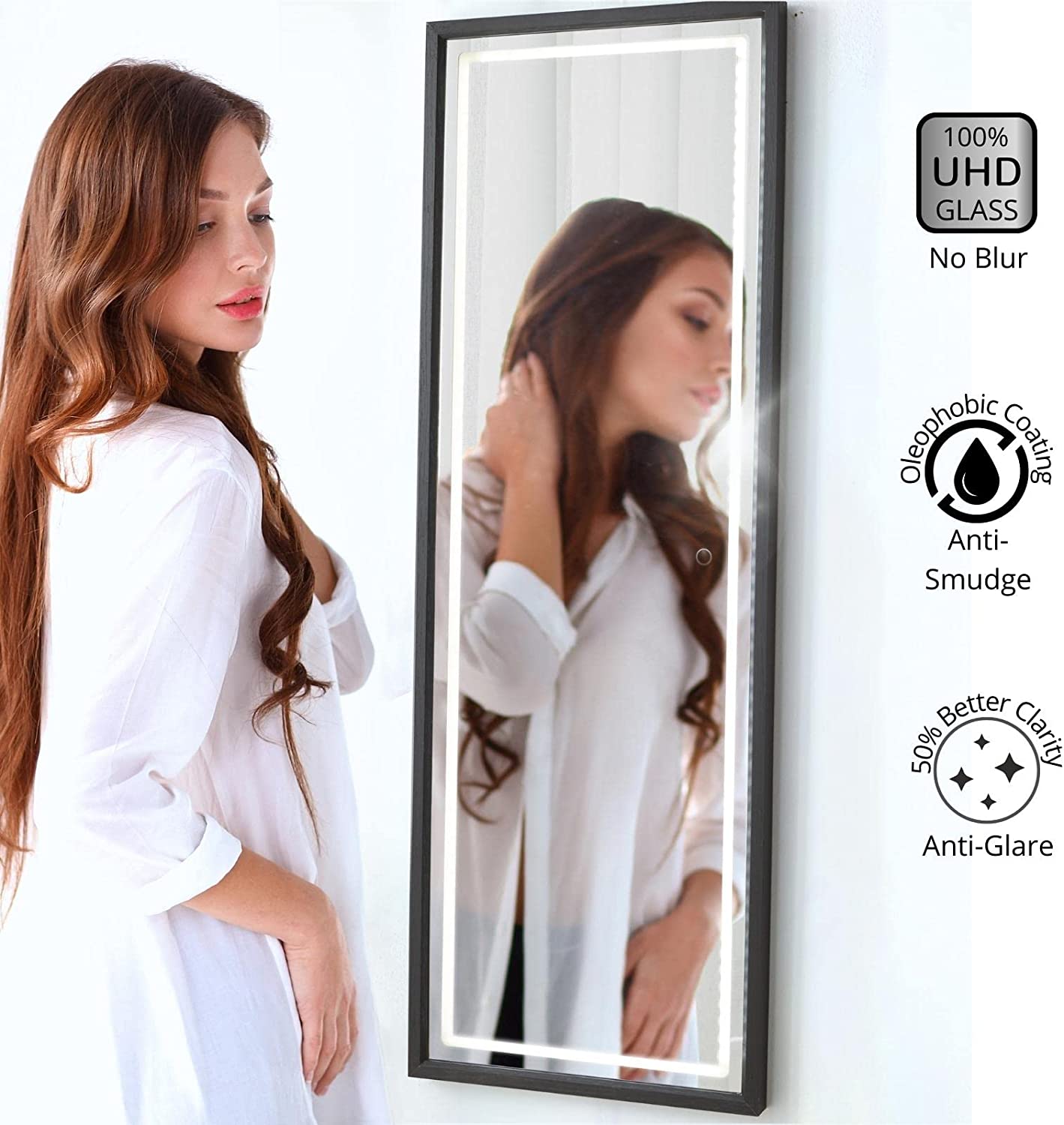 Luxfurni | Full-Length Mirror | LED Full-Length Mirror with Dimmable Lighting for Bedroom or Dressing Room Black