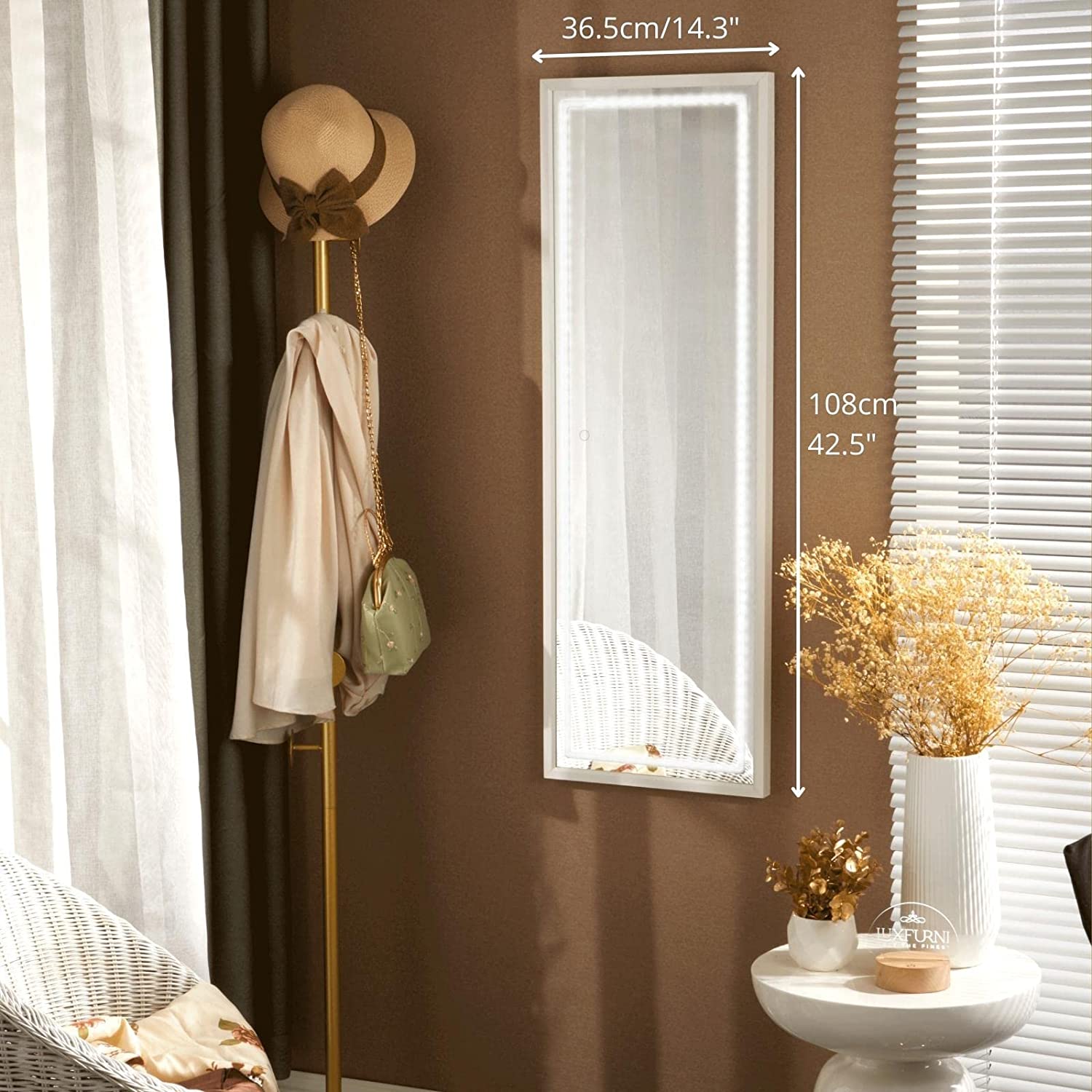 Luxfurni | Full-Length Mirror | LED Full-Length Mirror with Dimmable Lighting for Bedroom or Dressing Room White