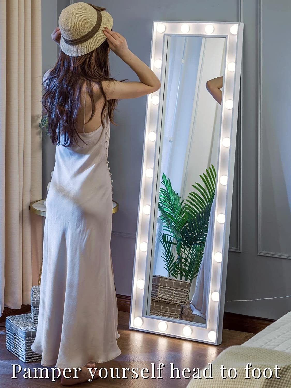 Luxfurni | Full-Length Mirror | Tall Leaner LED Lights Full-Length Body Mirror White