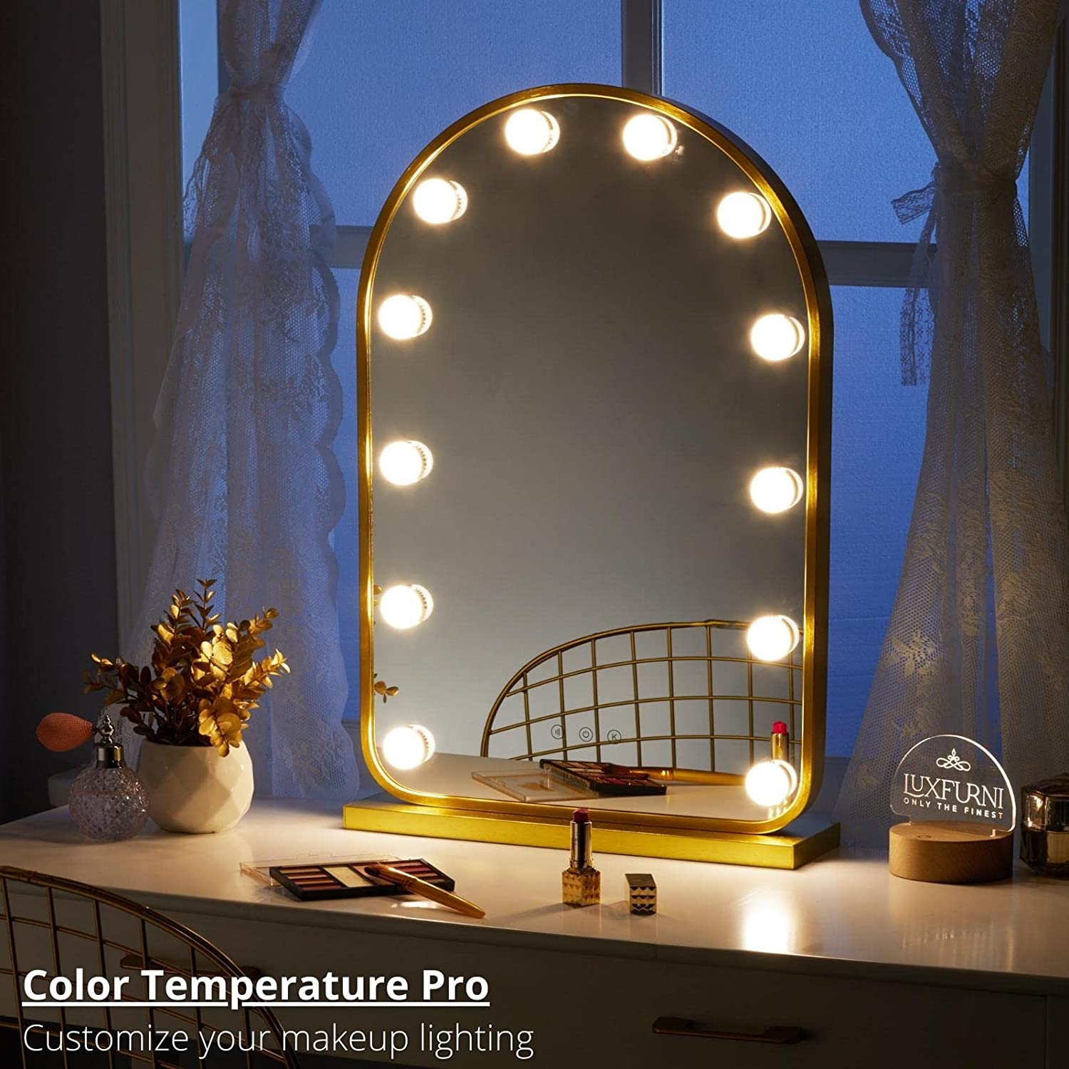 Luxfurni | Hollywood Mirror | Curved Frame Starry 12 Hollywood Vanity Mirror with LED Light - Gold
