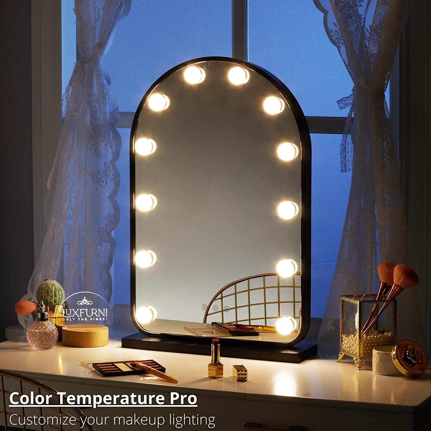 Luxfurni | Hollywood Mirror | Curved Frame Starry 12 LED Light Hollywood Vanity Mirror - Black