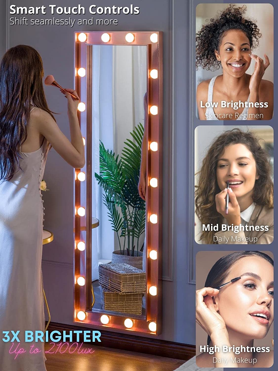 Luxfurni | Full-Length Mirror | Tall Leaner LED Lights Full-Length Body Mirror Rose Gold