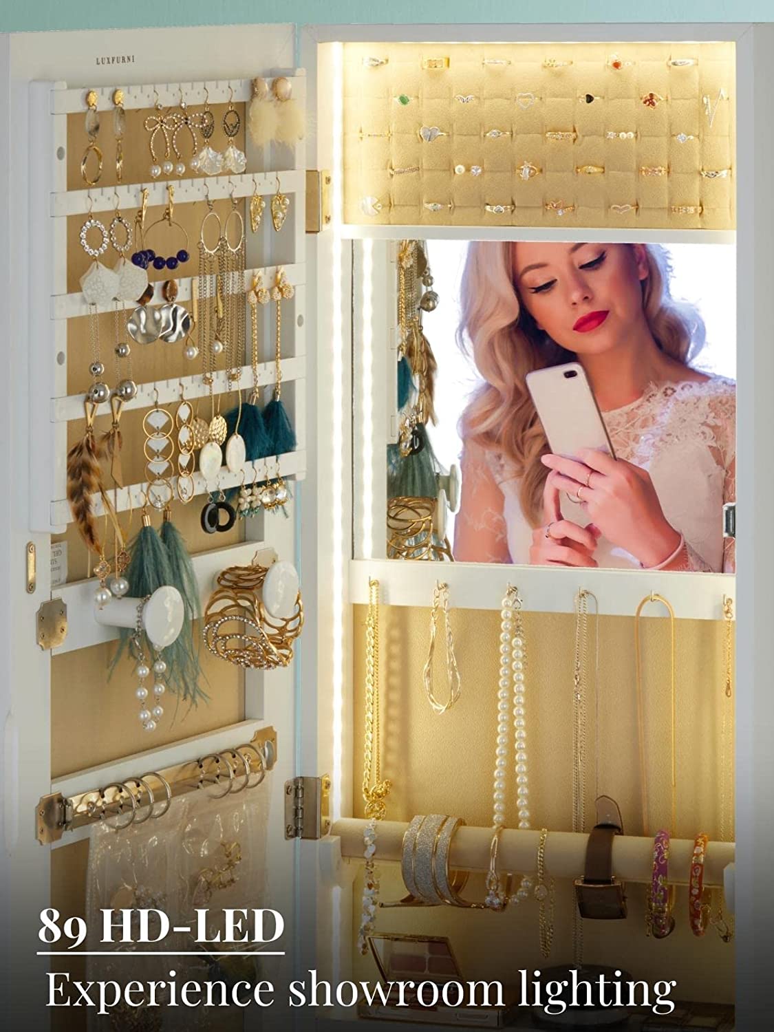 LUXFURNI LED Jewelry Organizer with Mirror, Small Jewelry Cabinet  Wall-Mount/Door-Hanging Armoire,Lightweight Jewelry Storage for Bedroom