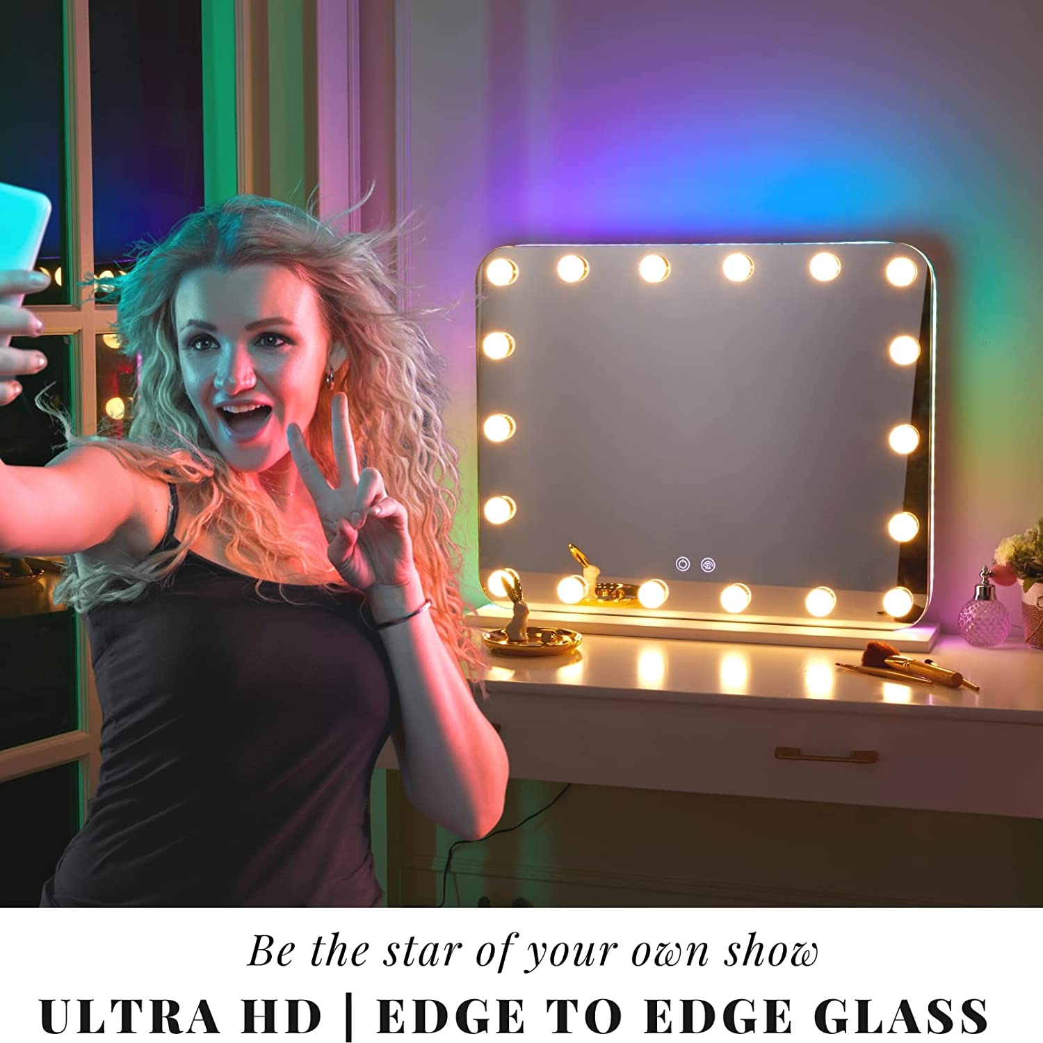 Luxfurni | Hollywood Mirror | Professional BLOOM Hollywood Vanity Mirror with RGB LED Lights - White