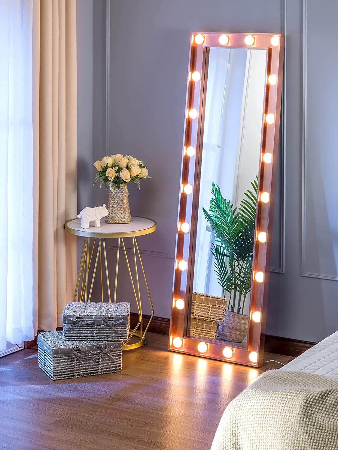 Luxfurni | Full-Length Mirror | Tall Leaner LED Lights Full-Length Body Mirror Rose Gold