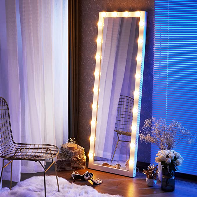 Luxfurni | Full-Length Mirror | Large Full-Length Floor Mirror with Lights for Bedroom White