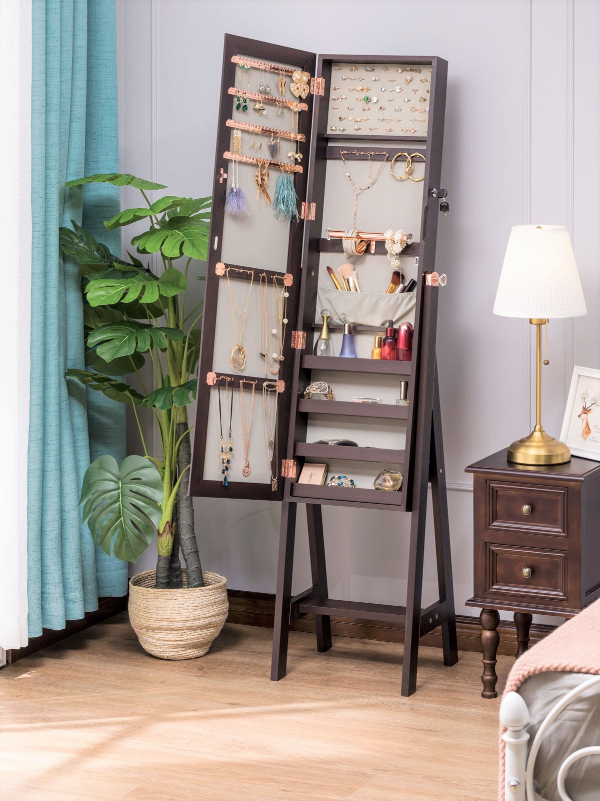 Luxfurni | Jewelry Armoire | Full Length Mirror Laura Jewelry Armoire - Brown (Standing / Wall mounted)