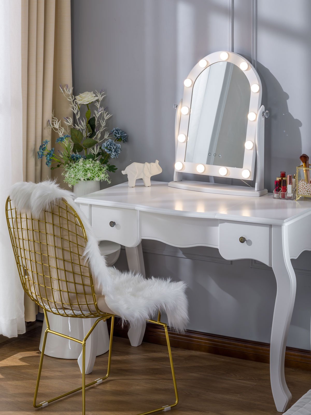 Luxfurni | Hollywood Mirror | Adjustable Table Top Starry 9 Hollywood Vanity Mirror with LED Lights - White