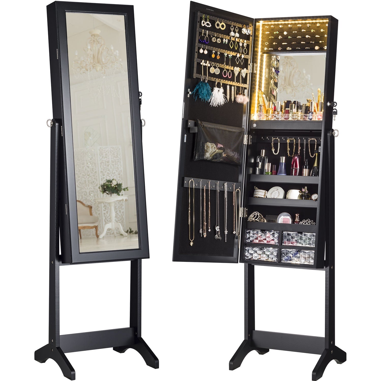 Luxfurni | Jewelry Armoire | Standing Stella 6 Jewelry Armoire Full Length Mirror With Built-in Lights - Black