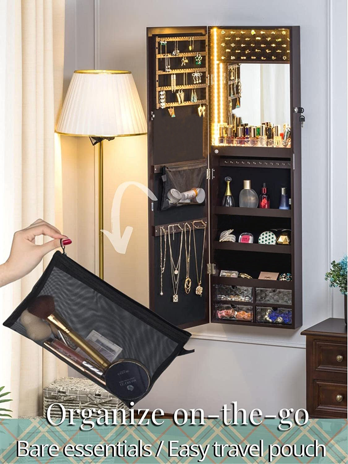 Luxfurni | Jewelry Armoire | Door/ Wall Mounted Stella 8s Tiny Jewelry Armoire With Interior LED Lights - Espresso