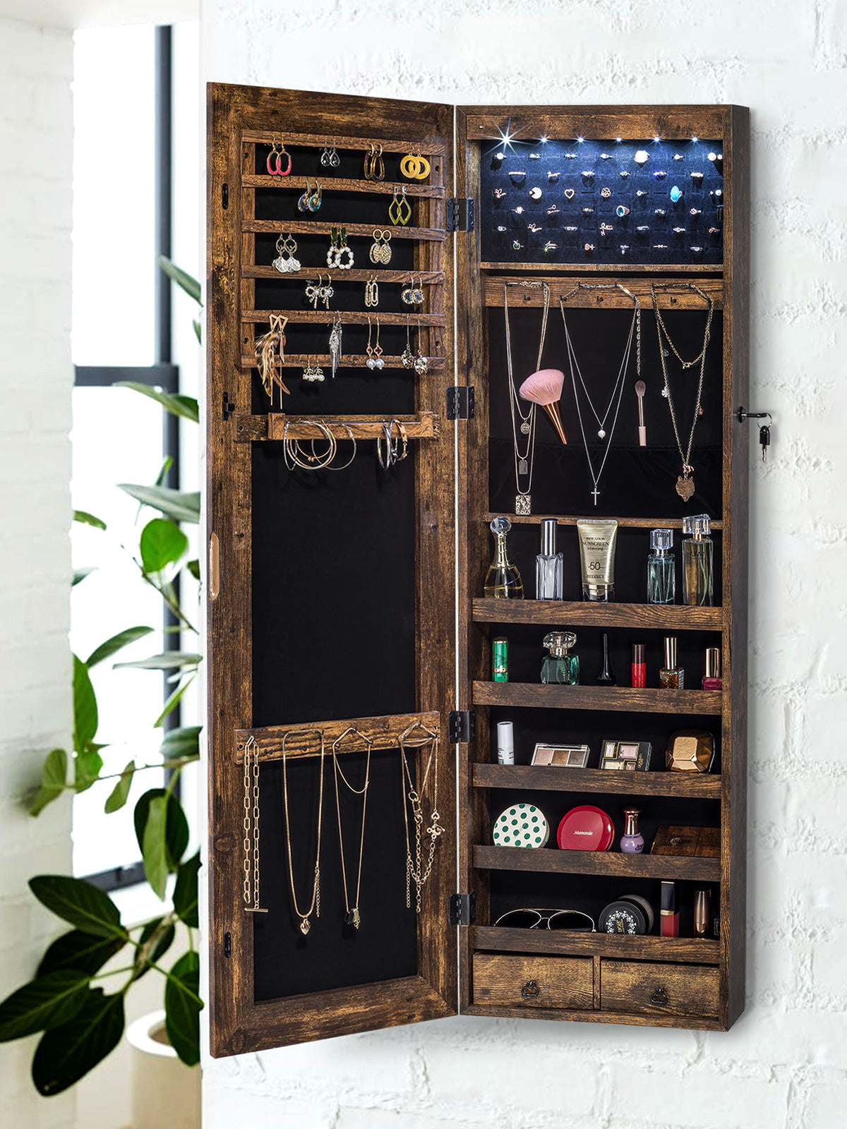 Luxfurni | Jewelry Armoire | Wall Mounted Dahlia Jewelry Armoire with Built-in LED Light - Vintage