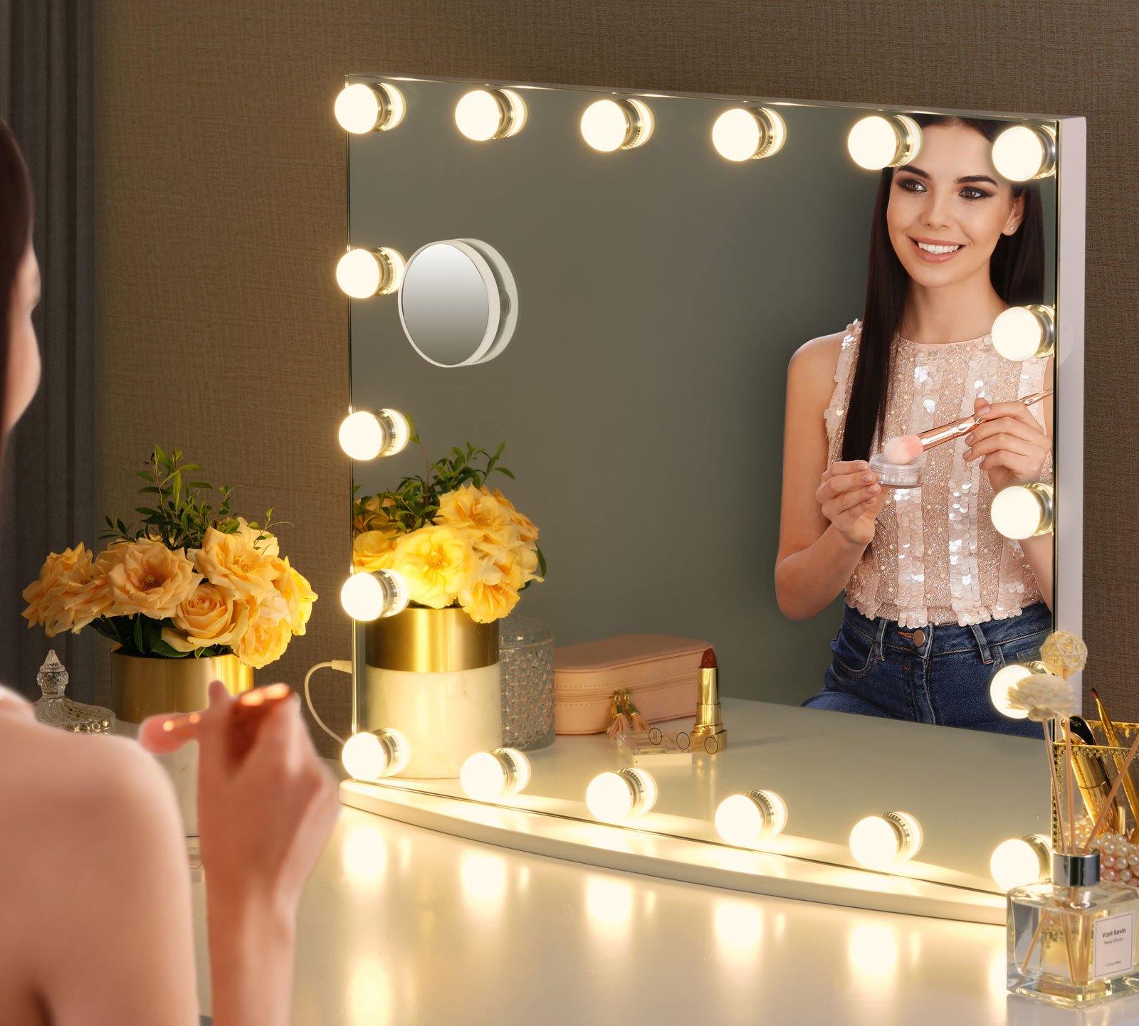 Luxfurni Vanity Mirror with Lights Large Hollywood Makeup Mirror Tabletop &  Wall Mounted White